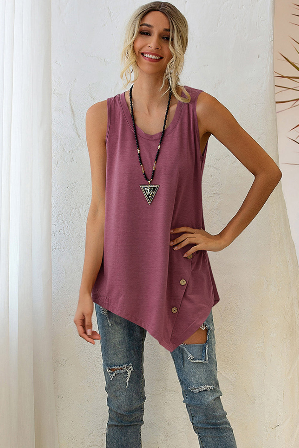Sleeveless Asymmetrical Buttoned Hem Top - Absolute Fashion 2020