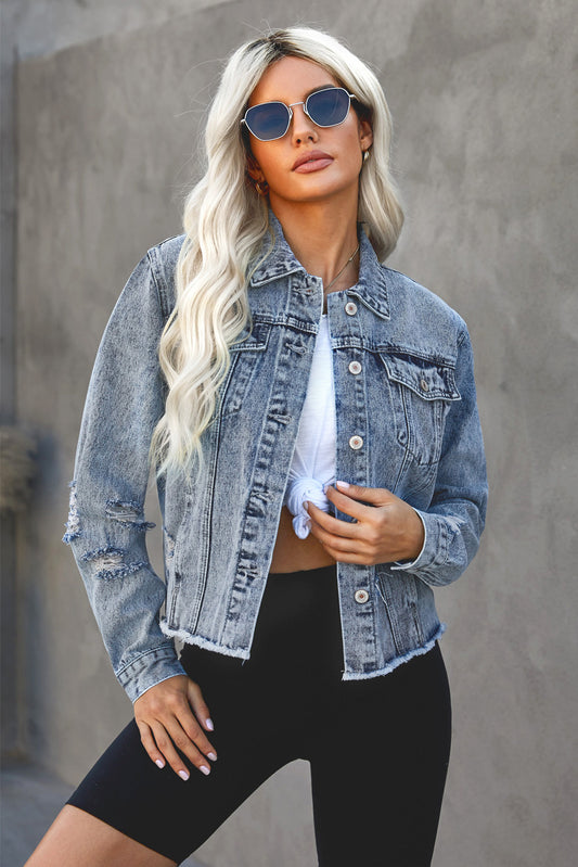 Turn Down Collar Cut-out Denim Jacket - Absolute Fashion 2020
