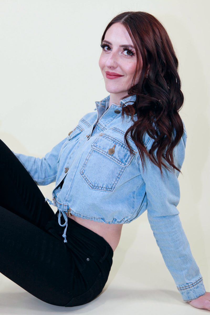Drawstring Cropped Denim Jacket
