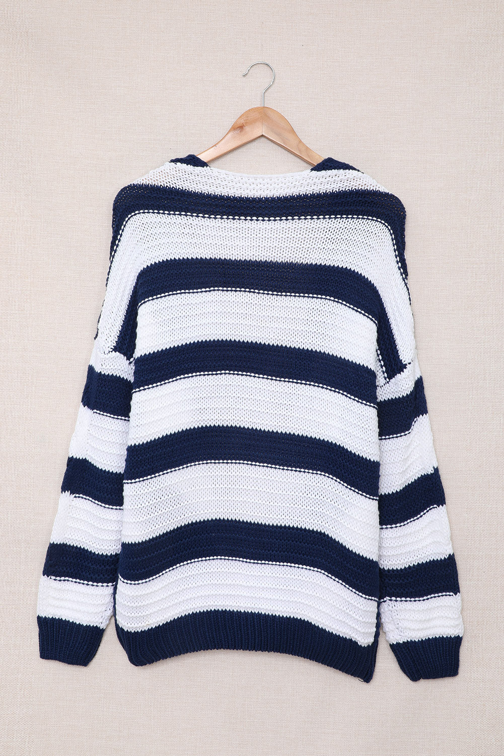 Two-Tone Striped Open Front Ribbed Trim Cardigan