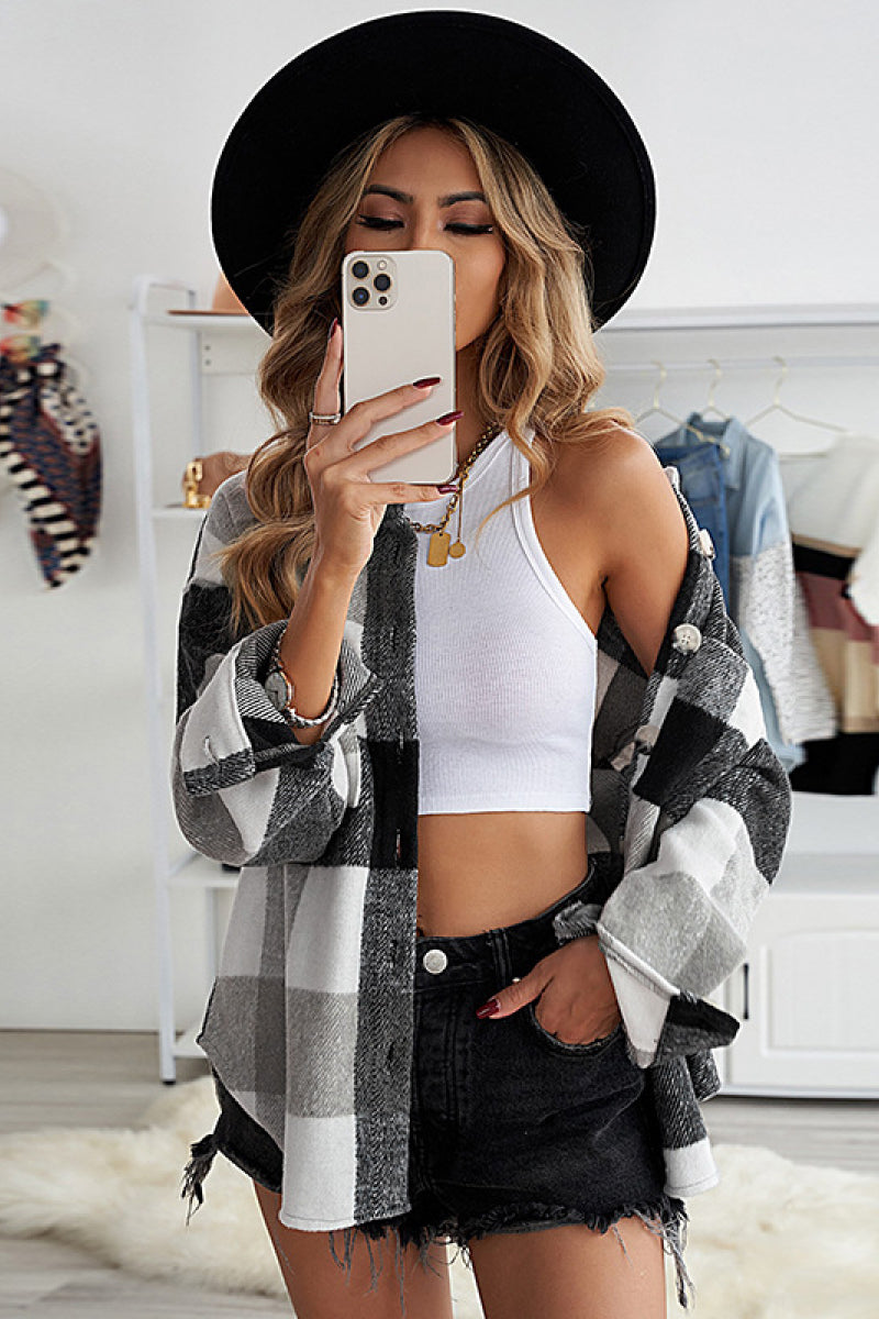 Gingham Pocketed Collared Neck Blouse - Absolute Fashion 2020
