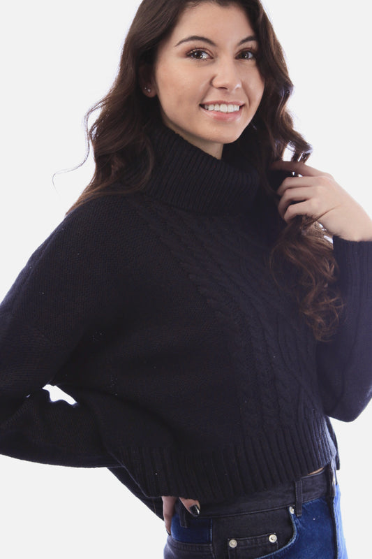Solid Cable Trim Crop Sweater