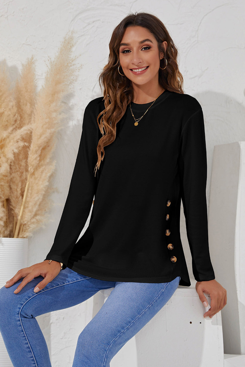 Side Button Down Long Sleeve Top - Absolute Fashion 2020