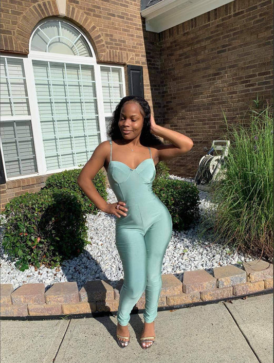 Solid Skinny Cinched Sweetheart Jumpsuit